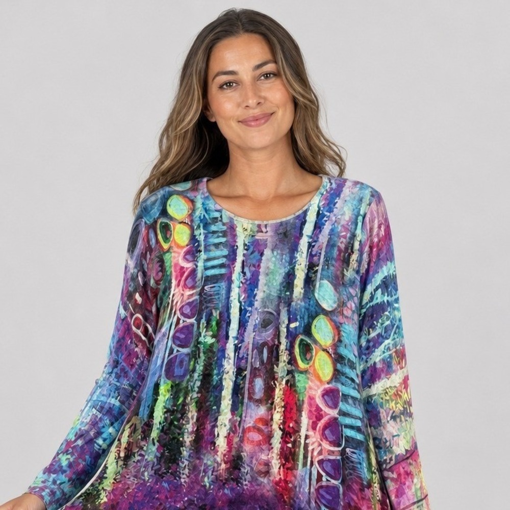 ET'LOIS Womens Size L Abstract Landscape Art to Wear 3/4 Sleeve Tunic Top Multi